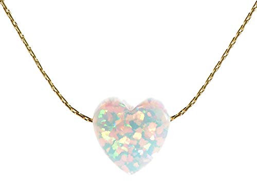 White Opal Heart Necklace Charm 14k Gold Filled cable-wire,Length 16 inch /41 cm+extender
