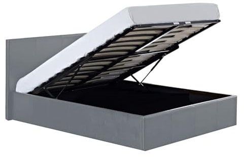 LUNA - UK 5FT Kingsize Gas Lift Up Ottoman Storage Faux Leather Space Saving Bedframe (H:88.5cm x W: 168cm x L: 213cm) (Grey)