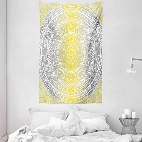 ABAKUHAUS Mandala Wandteppich und Tagesdecke, Pale Farbige Ombre aus Weiches Mikrofaser Stoff Waschbar ohne Verblassen Digitaldruck, 140 x 230 cm, Grau Gelb