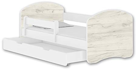 ACMA Jugendbett Kinderbett mit Einer Schublade mit Rausfallschutz und Matratze Weiß II 140 160 180 (140x70 cm + Schublade, Weiß - Eiche Weiß)
