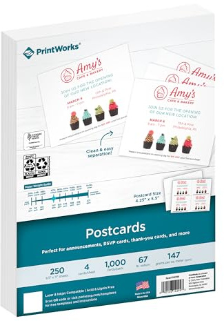 PrintWorks Blank Printable Postcards for Mailing & Printing - 1000 Cards (4.25 x 5.5 Post Card Size) - 4 per Sheet - 250 Sheets (8.5” x 11”) - Made in the USA - No Envelope Needed - White (04299)