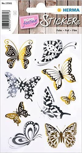 HERMA 15561 Aufkleber Schmetterlinge Gold Silber klein, 9 Stück, Tiere Sticker mit Schmetterling Butterfly Motiv, Kinder Etiketten für Fotoalbum Tagebuch Poesiealbum Scrapbooking Dekoration Briefe DIY