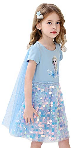 Fancyland ELSA Kleider Glanz Sommer-Kleid Kurzarm Prinzessin Kostüm mit Cape Mädchen Kinder (Blau, Körpergröße 110cm)