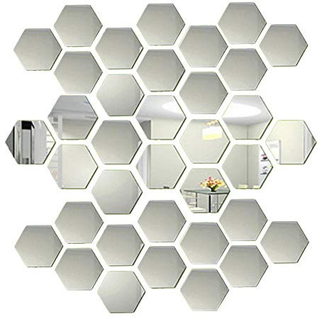 36Stück Hexagon Folie Spiegelfliesen Selbstklebend Set für Wand Dekoration,3D Silber Wandtattoo Spiegel Effekt Kleine Wandaufkleber Wandsticker Wand-Deko Wandbilder für Zuhause Wohnzimmer Schlafzimmer