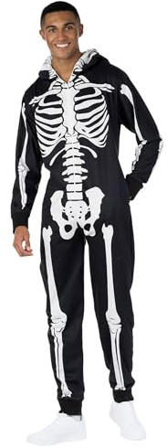 Morph Skelett Kostüm Herren, Halloween Ganzkörper Kostüm | Overall mit Kapuze, Knochen-Druck vorne & hinten, Reißverschluss, Perfekt für Halloween, Ideal für Cosplay