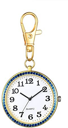 JewelryWe Karabiner Taschenuhr mit Gravur Quarz Analog Uhr Strass Quarzuhr mit Schlüsselanhänger für Ärzte Krankenschwestern Sanitäter Köche Gold Blau