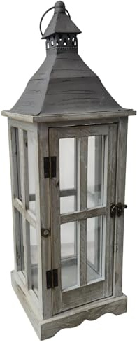 Aspinaworld Laterne mit Glas 56 cm Grau - Holzlaterne mit Metalldach - Vintage - Gartenlaterne - Windlicht - Kerzenhalter - Naturholz