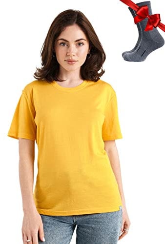 Merino.tech 100% Merino T Shirt Damen - Merinowolle Sport Wandern Thermoshirt Damen + Wandersocken (Small, Gold Crewneck)