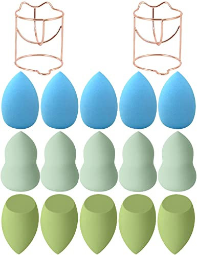 Make-up Schwamm 15 Pcs Schönheit Blender Schwamm Foundation Blending Schwamm mit 2 Pcs Make-up Blender Halter Ständer, einwandfrei für flüssige Cremes (3COLORS)