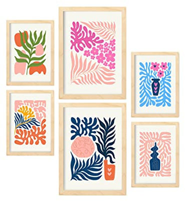 Nacnic Lot de 6 Affiches Minimalisme aux Couleurs Pastel. Flower Power. Impressions de paysage et de nature pour la décoration intérieure et la décoration. A3 & A4, cadres en bois.