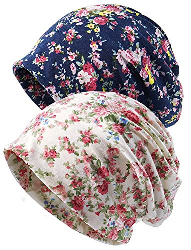 XYIYI Damen Mütze Chemo Hut Slouchy Kopfbedeckungen Kopf Wraps Krebshüte (2Stück Floral Beige Blau-Z), Einheitsgröße