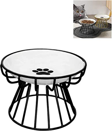 2023 New Whisker-Friendly Anti-Vomit Cat Plate Elevated Bowl-Raised Ceramic Cat Food Bowl with Metal Stand Food Water Anti Vomiting Shallow Ceramic Dish for Cat and Dogs (Black,Paw Plate)