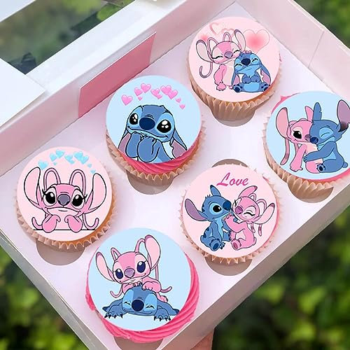 Anglesit 24 x Pre-Cut Stich and Angel Edible Stand up Wafer/Rice Paper Cupcake Cake Dessert Toppers Birthday Children's Kids Party Decorations