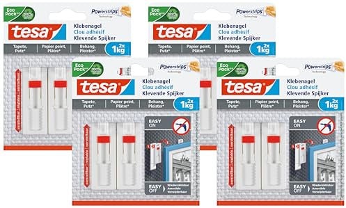 tesa Verstellbarer Klebenagel (für Tapeten und Putz 1 kg, Höhenverstellbarer, selbstklebender Wandnagel, bis zu 1 kg Halteleistung pro Nagel) 2x 1,0kg, 8er Pack