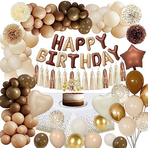 YYDSXK Geburtstagsdeko Nude Sand Weiß, Khaki Gold Happy Birthday Girlande mit Pompons Quasten, Luftballon Girlande für Party Deko, Happy Birthday Deko Ballon Girlande für Mädchen Jungen Kinder