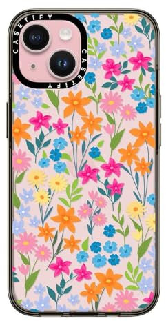 CASETiFY Compact Case for iPhone 15 [2X Military Grade Drop Tested / 4ft Drop Protection] - bright spring flowers - Clear Black