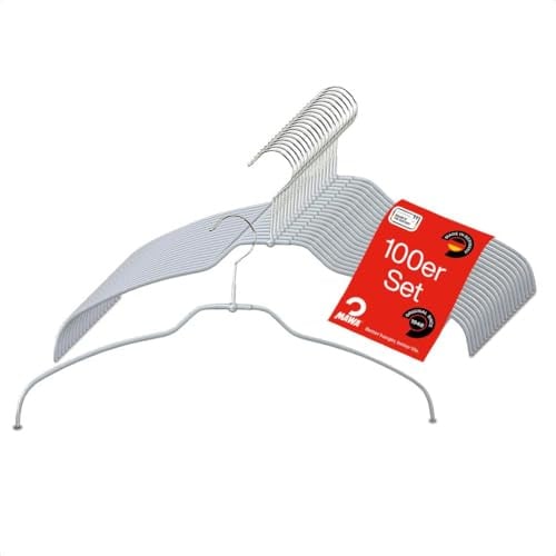 MAWA Kleiderbügel Light, Set mit 100 50% platzsparenden und rutschfesten Bügeln, ideal für Hemden und Blusen, mit 360° drehbarem Haken und Antirutschbeschichtung, 42 cm, Silber