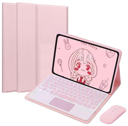 EHLCYS Funda con Teclado Táctil para Lenovo Tab P12 12,7 Pulgadas TB370FU 2023 Tableta, Teclado Bluetooth Inalámbrico Desmontable Retroiluminado De 7 Colores, Funda Delgada con Soporte,Rosado
