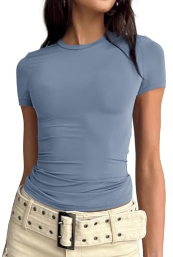 Cuptacc Damen Tshirt Rundhals Kurzarm Skims Top Sommer Basic Einfarbig T Shirt Casual Crop Tops Sexy Grau Blau L 42-44