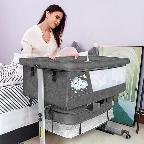 3-in-1 Babybett, Next to Me, Beistellbett Babybett, Stubenwagen mit Moskitonetz, Kompatibel mit Mehreren Betten, Höhenverstellbar, Neigbar, Gute Luftzirkulation, Matratze und Reisetasche Enthalten ( C
