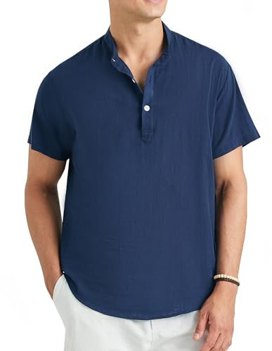 Enlision Chemise Lin Homme Manches Courtes Bleu Foncé Chemises Col Mao pour Hommes Été Leger Chemisette de Plage Classique Décontractée Henley Tee Shirt Coupe Ample Couleur Unie Haut 4XL