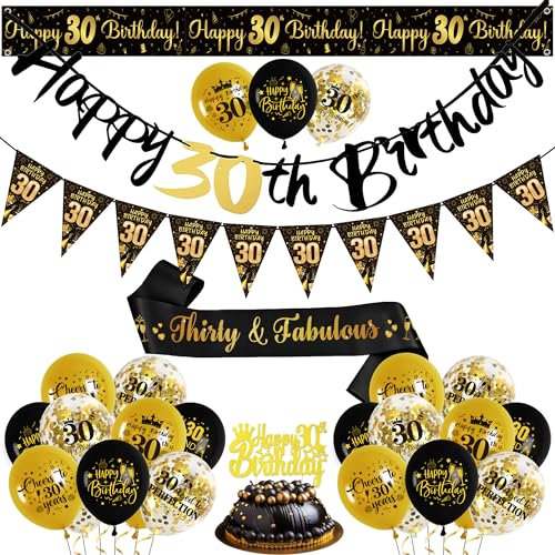 30 Geburtstag Deko Schwarz Gold - 30. Geburtstag Dekorationen Männer Frauen mit Happy Birthday Girlande Banner Tortendeko Konfetti Luftballons Geburtstag Schärpe