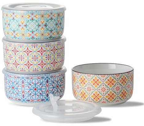 Chubacoo Ceramic Bowl Set with Lids : Microwavable Serving Bowls with lids - 5 Inch Kitchen Bowls for Lunch, Picnic - Microwave Safe Food Storage Containers, 20 Oz Bowl Set of 4