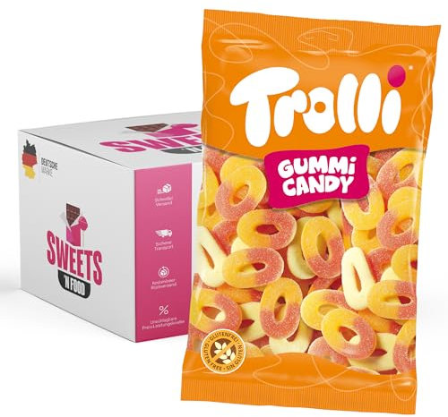 Trolli Süßigkeiten- 1 kg Beutel | Verschiedene Sorten zur Auswahl | Mit stylishem SWEETS´N FOOD Packband verpackt (Pfirsischringe)