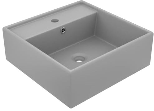 FOZICV Luxus-Waschbecken Überlauf Quadratisch Matt Grau 41x41x15 cm Keramik Bad Möbel Modern Aufsatzwaschtisch Aufsatzbecken Aufsatzwaschbecken mit überlauf Waschbecken Eckig Waschschale