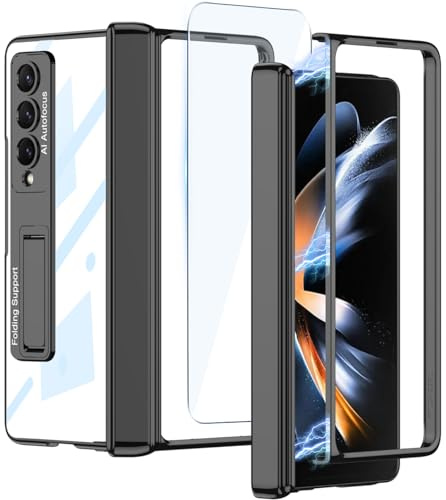 Hulveze para Samsung Galaxy Z Fold 4 5G Funda Claro con Protección de Bisagra Magnética y Soporte Ajustable y Protector de Pantalla, Transparente Enchapada Delgada a Prueba de Golpes Carcasa(Negro)
