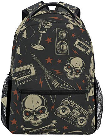 Kyliele Großer Rucksack mit Punk-Totenkopf-Motiv, Musik und Gitarre, strapazierfähig, für Laptop, Reise, Schultasche, Büchertasche mit mehreren Taschen, Schwarz , One size