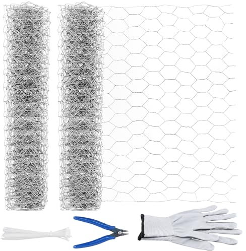FUNSUEI 2 Rolle 40cm x 5m Hasendraht, insgesamt 10m Drahtgitter Feinmaschig Kaninchendraht Hühnerzaun Verzinkt Sechseckgeflecht Maschendraht Hasengitter Hühnerdraht für Handwerk Drahtkäfig Zaun