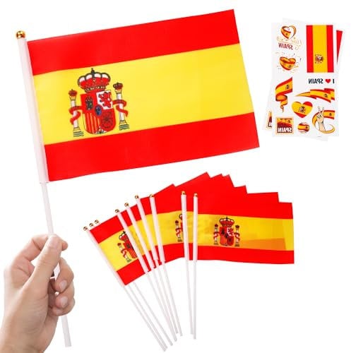 10pcs Small Flags on Sticks & 2pcs Temporary Tattoos, Mini Flags on Sticks Hand Held Flags for Euro Football 2024 Sports Events Celebration Party Decorations (Spain)