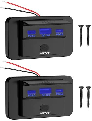 Kairey 2Pcs 12V Usb Socket 78W with QC 3.0 18W USB & Dual 30W Type-C Quick Charge Socket Waterproof Dustproof for 12V/24V Truck Car Motorhome Boat Campervan