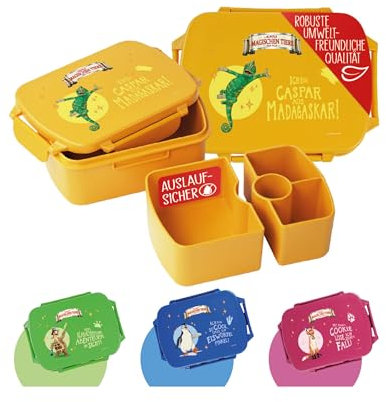 AWAVE Die Schule der Magischen Tiere Brotdose Kinder mit Fächern rPET Gelb Caspar Snackbox 1 L mit Deckel und 4 Fächer Unterteilung, Auslaufsicher, Pausenbox für Schule Kindergarten Picknick Reise