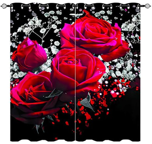 YUANZU Red Rose Curtains - Girls Flower Abstract Floral Water Droplets Print Pattern Eyelet Blackout Thermal Window Drapes for Bedroom Living Room Dining Room Office 2 Panels W117cm x D137cm