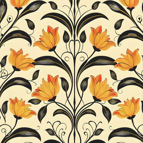 Selbstklebende Tapete Gelb Blumen,44 x 300cm Tapete Schwarz Blätter Tapete Hell Blumen Barock Tapete Boho Tapete Pflanzen Tapete Selbstklebend Möbelfolie Selbstklebend für Wohnzimmer Schlafzimmer