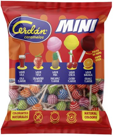 Caramelos Cerdán - Caramelos con Palo Mini Surtidos de Sabores Naturales | Bolsa de 500 gr | Caramelo Redondo Sin Gluten ni Alérgenos | Ideal para Fiestas, Navidad y Cumpleaños
