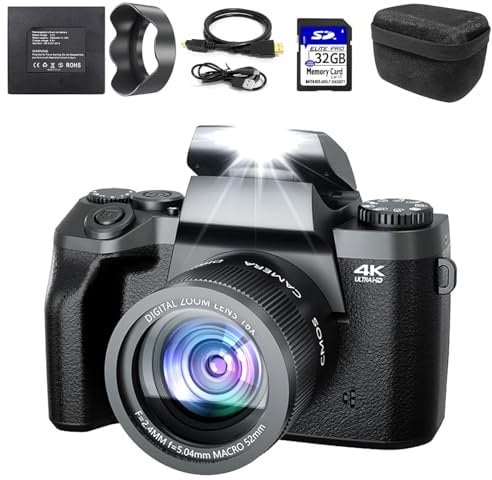 Fine Life Pro Digitalkamera 4K 64MP Fotokamera mit 4.0 Touchscreen, 16X Digitalzoom Kompaktkamera Mit Selfie-Frontkamera für Anfänger mit WiFi, mit Kameratasche, Haube, 32GB TF-Karte (Doppellinse)