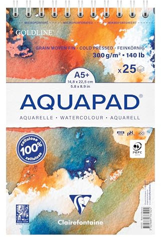 Clairefontaine 976102C - Spiralblock Aquarellalbum Goldline Aquapad A5 14,8x21 cm, Aquarellpapier, 25 Blatt 300g, Naturweiß, mittelfein, 1 Stück