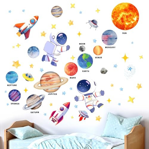 Äußeres Weltraum Wandaufkleber für Jungen Kinder: Abziehen und kleben Astronaut Planeten Rakete Wandabziehbilder - Wand kunst Dekor Kinder Produkte