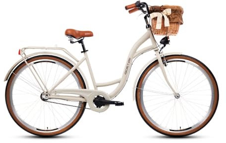 Goetze Style 28 Zoll Damen Citybike, 18 Zoll Tiefeinsteiger, 3-Gang Nabenschaltung, Rücktrittbremse und V-Bremse, LED-Beleuchtung, Rattankorb, Komfortsattel, mit Seitenständer & Klingel