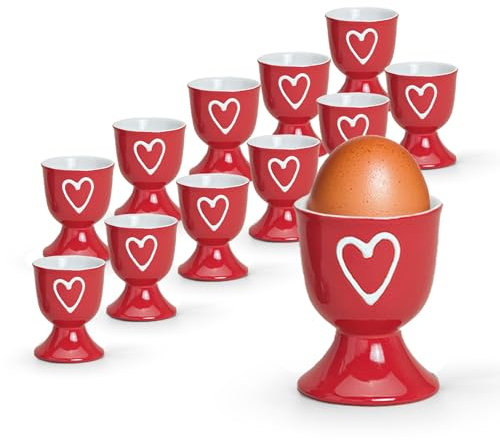 Bunte Landhaus-Stil Eierbecher 12er Set rot - Runde Keramik Frühstücks-Eier Herzen Untersetzer