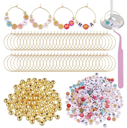 beinkmake 60 Set Personalized Wine Glass Charms Ring 600 Letter Beads 120 Golden Beads 60 Tone Hoops with 1 Tweezer DIY Charms Kit Wine Glass Markers for Stem Glasses Cocktail Party
