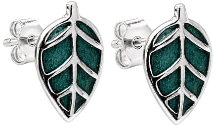 RetroAura Mini Green Leaf Stud Earrings for Women, 14K Gold Plated 925 Sterling Silver Leaf Earrings, Dainty Green Enamel Plant Studs, Cute Nature Jewellery Gift for Her