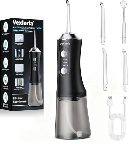 Vexloria Water Flosser for Teeth Cordless with 320ML Tank, 5 Cleaning Modes, 5 Jet Tips, USB-Powered Electric Dental Floss Water Flossers for Teeth, Waterproof Oral Irrigator, Black