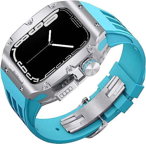 RNNYWDRQ Titanium Case Rugged Sport Rubber Band, para Apple Watch 8/7 6/5/4 SE 45 mm Series de 44 mm, Kit de modificación Bisels Fluororubber Strap y Buckl Moderno