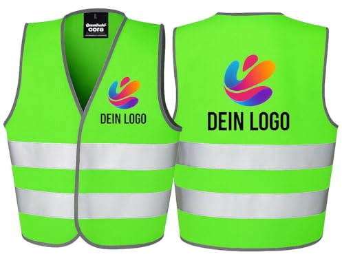 Warnweste Kinder personalisiert mit Logo, Namen oder Motiv – reflektierende Sicherheitsweste für Schule & Kindergarten – Farben: Pink, Gelb, Orange, Grün, Hellblau, Rot, Lila – mit Wunschtext