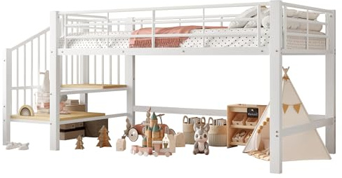 I0I&I0I Kinderbett Hochbett mit Stauraumtreppe Robustes Halbhohes Metallbett, Sicheres Kinderbett mit Lattenrost, Einfache Montage und Platzsparendes Design (Weiß)