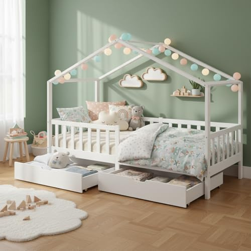 Bellabino Bia Kinderbett 90x200 cm, Hausbett, Weiß, 2 Schubladen, Stauraum | Montessori Holzbett aus Massivholz Kiefer, mit Rausfallschutz, mit Lattenrost, Jungen & Mädchen, Bettgestell, Kinderzimmer